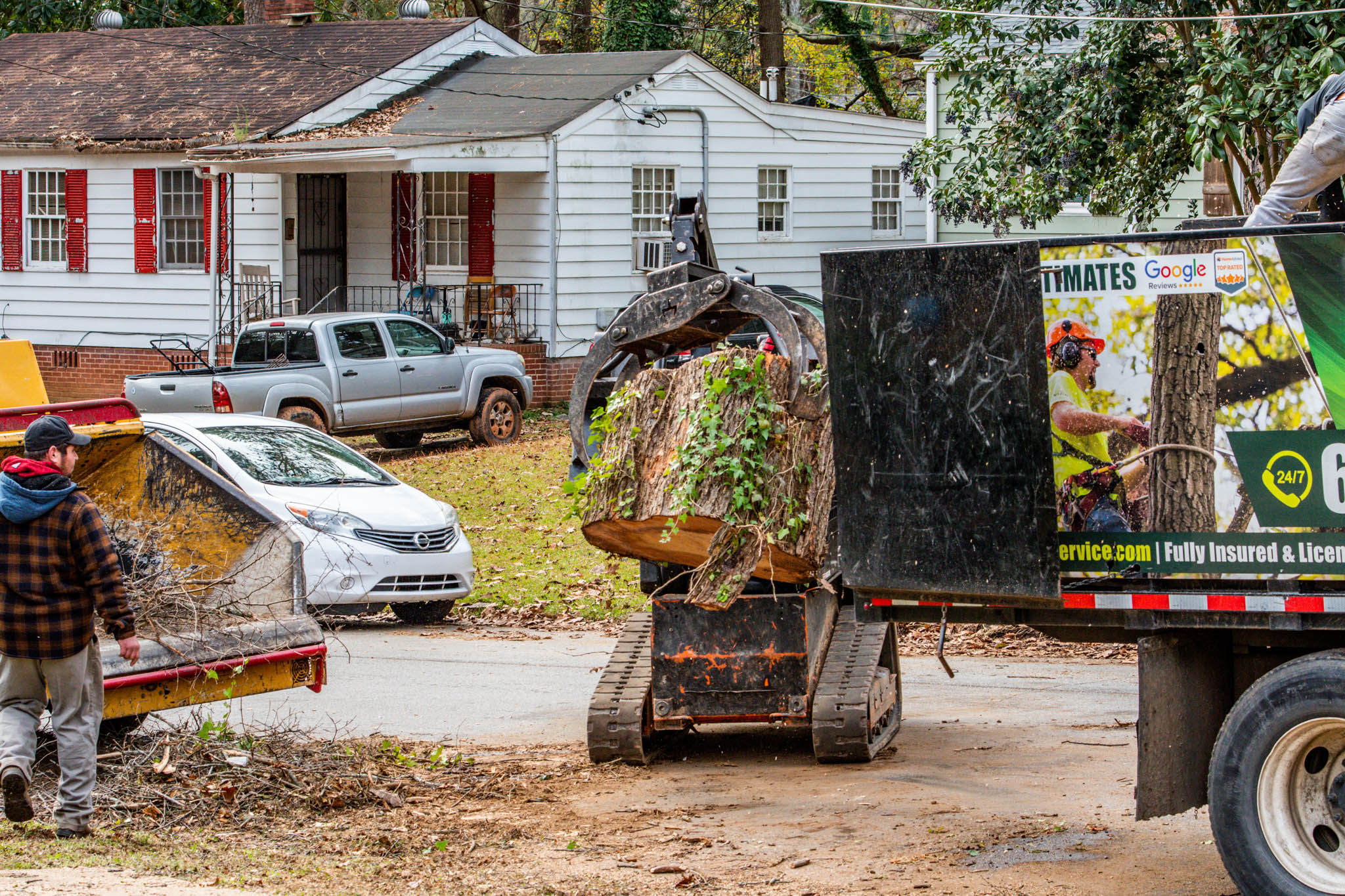 a stump that was removed being put into a machine to grind it into woodchips.