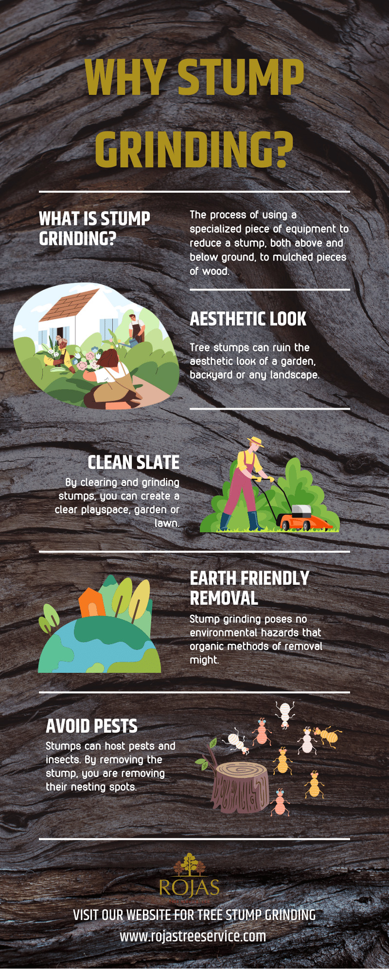 an infographic about the benefits of stump grinding. It includes benefits such as an aesthetic landscape that you can use for other purposes, earth friendly removal, and avoiding pests. Rojas Tree Services provides stump grinding in Atlanta, GA.